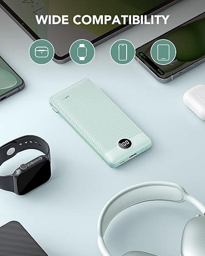VRURC Portable Charger Built-in Cables and AC Wall Plug, USB C Power Bank 10000mAh, Travel Battery Portable Phone Charger Compact Lightweight External Battery Pack for Smart Phones, Tablets etc-Green thumbnail 7