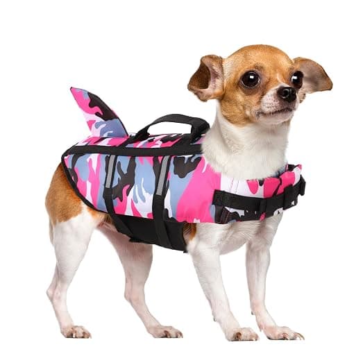 Queenmore Dog Life Jacket Pet Safety Vest High Buoyancy Camouflage Color Cute Shark with Strong Rescue Handle and Leash Ring for Boating, Canoeing, Surfing, Hunting - Image 1