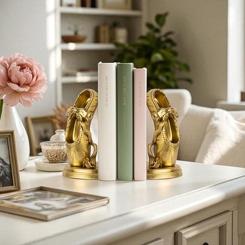 MXARLTR Bookends for Shelves, Ballet Slipper Decorative Bookends - Book Ends with Anti-Slip Pad for Book Lovers Dancers Heavy Book Holder for Home Office Decor (Gold) thumbnail 8