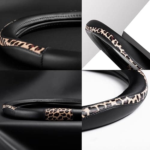 Road Comforts Steering Wheel Cover - Flat Bottom Wheel Cover Made with PVC Leather and Leopard Fabric - Universal Fit for 15-Inch D-Shaped Automotive Steering Wheels (Black Color) thumbnail 4