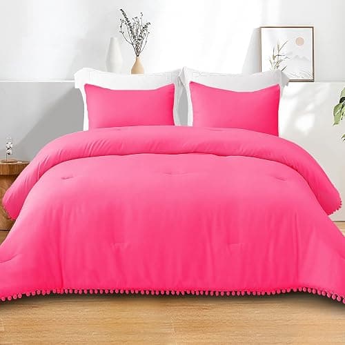 Exclusivo Mezcla Boho Pom Pom Ball Fringe Queen Comforter Set, 3 Piece Hot Pink Lightweight Down Alternative Bedding Comforter Sets for All Seasons - Hot Pink - Queen (90"x90") thumbnail 2