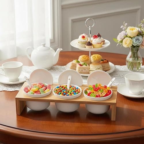 MyGift 10 Pcs Sauce Serving Dish, Hosting Party Essentials Host Gift, 3 Ceramic Ramekin Chip Dip Bowls with Lids & Spoons, Premium Bamboo Server Tray, Condiment Pot Entertaining thumbnail 4