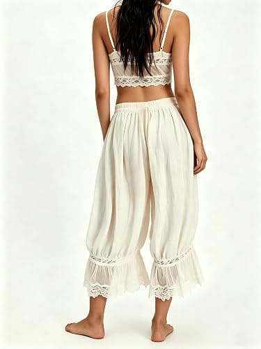 TUWIXIUW Women Cropped Lace Pants Bloomer Ruffle Long Bloomers Boho Western | Cute Ruffled Pantaloons Vintage Capri Half Slip Victorian Pettipants Halloween Costumes Concert Party Music Festival Western thumbnail 2