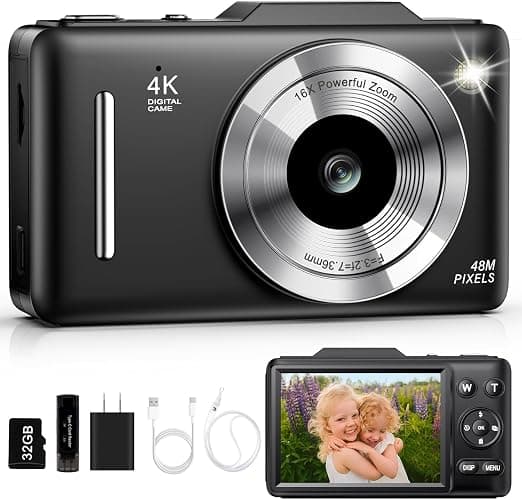 Digital Camera 4K for Kids-48MP Autofocus Vlogging Camera with 32GB Card, 16X Zoom, Anti-Shake, Compact Point and Shoot Camera for Teens Beginners, Birthday Gift Black - Image 1