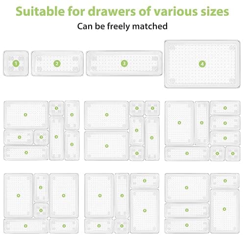 25 Piece Clear Drawer Organizer Set, 4 Sizes Bathroom Vanity Organizer Trays and Storage Bins for Makeup, Cosmetics, Jewelry, and Gadgets. Perfect for Office, Kitchen, Bedroom, Bathroom Use. thumbnail 8
