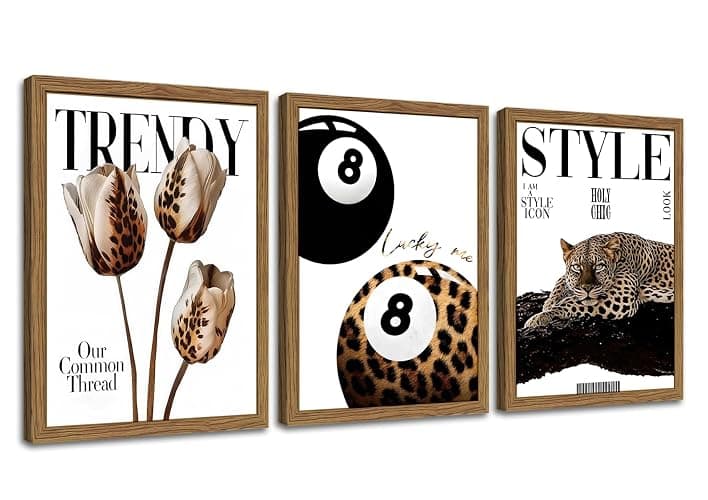 Trendy Leopard Canvas Wall Art Set of 3, Funky Cheetah Lucky 8 Ball Pictures Wall Decor Prints, Preppy Aesthetic Paintings, Girly Aesthetic Home Decor for Living Room Bedroom Dorm 12x16in Wood Framed - Image 1