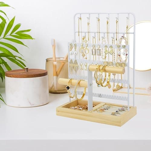 JONKASIPA Jewelry Holder Organizer Stand 4-Tier Necklace Stand Earring Holder with Wooden Tray, Jewelry Rack for Bracelets Watches and Rings Display Stand, Gifts for Women & Girls-White thumbnail 6