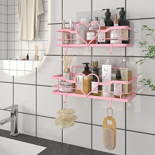 FLCITY Pink Shower Caddy with 4 Removable Hooks, 2 Pack Sweet Heart Shower Shelves,No Drilling Adhesive Organizer Shelf for Bathroom Shower,Kitchen,Bedroom thumbnail 7