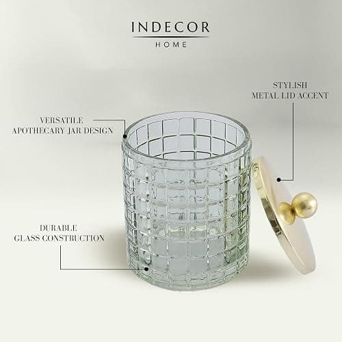 Indecor Home Sage Colored Tranlucent Apothecary Etched Geometric Grid Glass Jar W/Gold Metal Lid Cover for Bathroom Organization, Cotton Balls, Q Tips, and Small Accessories, Bathroom Storage thumbnail 8