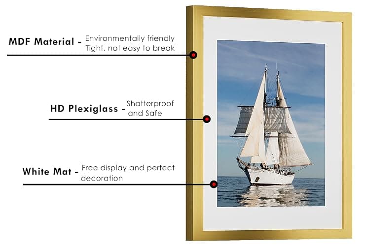 PEALSN 12x16 Picture Frame, Display Pictures 8.5 x 11 with Mat or 12 x 16 without Mat for Wall Mounting Display, Photo Frames, Gold. thumbnail 4