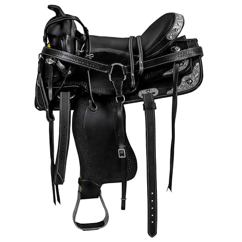Barrel Brown Western Horse Trail Saddle Set Leather Horse Saddle with Headstall, Breast Collar Combo Rodeo Cowboy Riding Equestrian Comfortable Ride Black Saddle Tack Set - Image 1