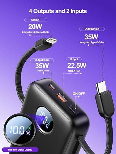 Aioneus Portable Charger, 35W PD Fast Charging Power Bank 20000mAh, Battery Pack with Built in Lightning & USB-C Cables, Powerbank for iPhone 17 16 15 14 iPad Samsung Android Tablet MacBook thumbnail 6