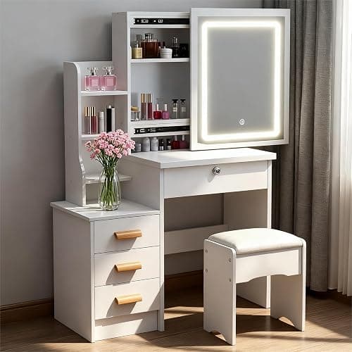 Wilitto Vanity Desk,Makeup Vanity with Sliding Mirror and Lights, Bedroom Dressing Table, Makeup Table with 4 Drawers & 7 Shelves, Hidden Storage Space White - Image 1