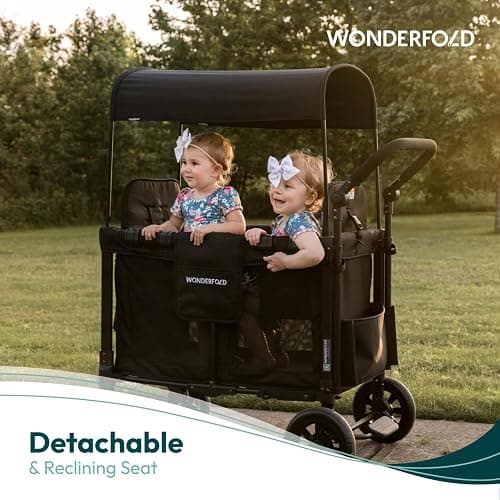 WONDERFOLD W2 Luxe Stroller Wagon (2 Seater) - Collapsible Wagon Stroller with Seats with Magnetic Buckle 5-Point Harnesses and Adjustable Sun Canopy, Volcanic Black thumbnail 5