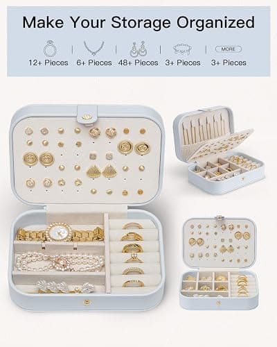 Vlando Travel Jewelry Case, PU Leather Travel Jewelry Box with Earring Holder, Portable Display Mini Jewelry Case for Mothers Day Women Girls Gift - Blue thumbnail 6