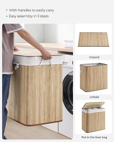 SONGMICS Laundry Basket with Lid, 150 L Bamboo, 3 Compartments | Laundry Hamper, Foldable, Removable and Machine Washable Liner Bag, for Laundry Room, Natural, RONEX Collection LCB091N01 thumbnail 10