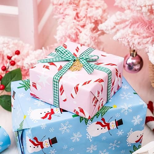 LeZakaa Christmas Wrapping Paper for Kids, Mini Roll, Red Truck, Snowman Christmas Tree in Blue & Pink Candy Cane Reversible Design for Winter Holiday Family Gathering, 17 inches x 32.8 Feet thumbnail 5