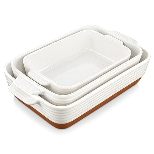 MALACASA Casserole Dishes for Oven, Ceramic Baking Dishes Set of 3, Baking Pan Casserole Dish Set, Rectangular Lasagna Pan Deep with Handles for Baking, Khaki White (14.5''/13''/10.5''), Series TARA - Image 1