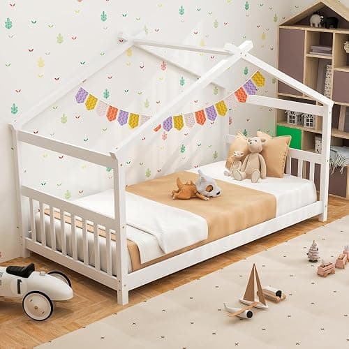 GORELAX Twin Size Floor Kid House Bed with Roof & Wooden Slats | Montessori Floor Bed, No Box Spring Needed, Wood Twin Size Platform Bed Frame for Boys, Girls (White, Twin) thumbnail 5