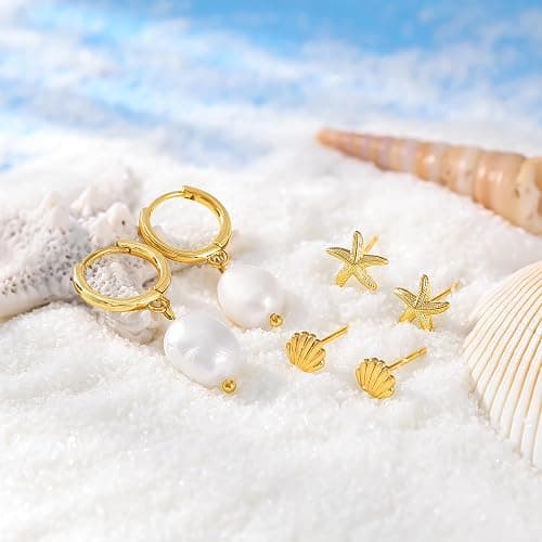 MBW Gold Starfish Earrings for Women, Small Dainty 14k Gold Plated Seashell Conch Pearl Hoop Dangle Earrings Stud Sets Beach Ocean Halloween Jewelry Gifts for Women Trendy thumbnail 5