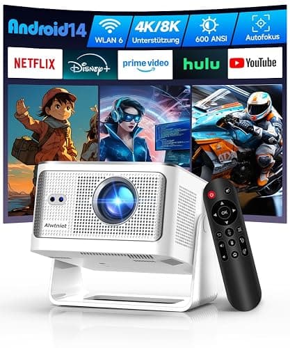 Alwtniet Vidéoprojecteur 4K 8K supporte [Native 1080P&App intégrée] Mini Projecteur Portable WiFi 6 Bluetooth 5.4 Android 14 Autofocus/Obstacle Avoidance/6D Keystone Ultra Courte Focale Rotation 180° - Image 1