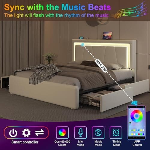 Full Size Bed Frame with 4 Storage Drawers and LED Lights, Upholstered Platform Bed with Adjustable Headboard and Charging Station, Metal Slats Support, No Box Spring Needed,Easy Assembly, White thumbnail 4