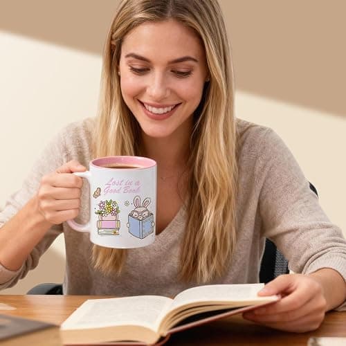 VACNKOCY Cute Bunny Book Lover Coffee Mug – Ceramic Tea Cup with Pastel Flowers and Reading Rabbits, Pink Interior – Gift for Readers, Teachers, Students, Bookworm Coffee Cup, 11oz thumbnail 6