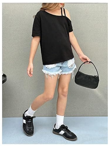 RoseSeek Girl's Y2k Off The Shoulder Tops Loose Summer T Shirt Trendy | Short Sleeve, Cold Shoulder, Trendy Casual Style, Preppy Aesthetic, Size 10-12, Cute Clothes thumbnail 5