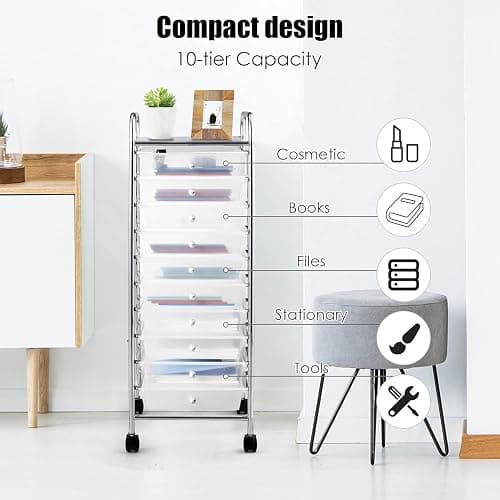 LDAILY 10 Drawer Rolling Storage Cart, Craft Organizer on Wheels, Drawer Cart with Metal Frame & Large Storage Capacity, Rolling Cart with Drawers for Living Room Classroom, Office thumbnail 7