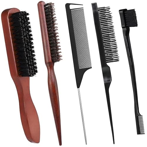 Bristle Hair Brush with Edges Brush, 5 Pack Slick Back Hair Brush Teasing Comb Set Hair Brush for Men Women, Boar Bristle Brush Smoothing Brush Sleek Hair Brush for Slicking Hair Beard - Image 1