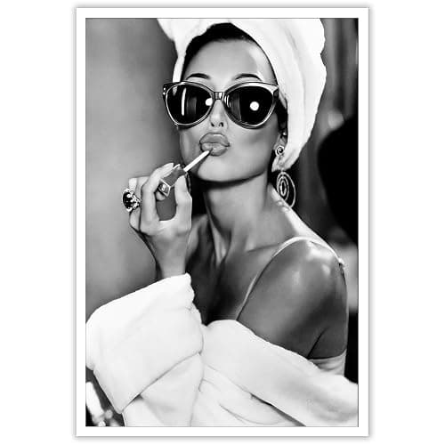 Audrey Hepburn Black & White Canvas Wall Art - Vintage Makeup Lipstick Print, Bathroom Decor, Retro Hollywood Artwork For Living Room & Bedroom Wall Decor 16x24in Unframed - Image 1