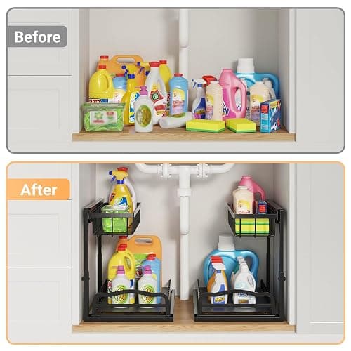 AceMining Under Sink Organizer, 2 Pack Pull-Out Under Cabinet Organizer, 2 Tier Under Sink Storage with Sliding Basket, L-Shaped and Adjustable Height Design for Kitchen and Bathroom thumbnail 3