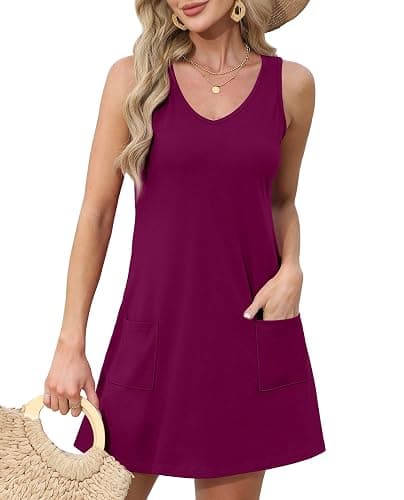 OFEEFAN Womens Summer Dresses 2026 V Neck Sleeveless Sundresses with Pockets Beach Vacation Clothes Floral/Plain thumbnail 2