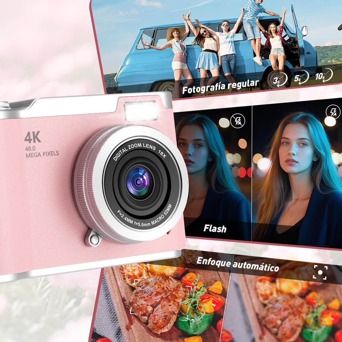 Cámara Digital 4K, Cámara Compacta HD 1080P 48MP，con Zoom de 8X, Enfoque Automático, Tarjeta de 32 GB, Pantalla Abatible de 2,4 Pulgadas,Adecuada para Estudiantes, Fotografía de Viajes y Vlogs (Rosa) thumbnail 6