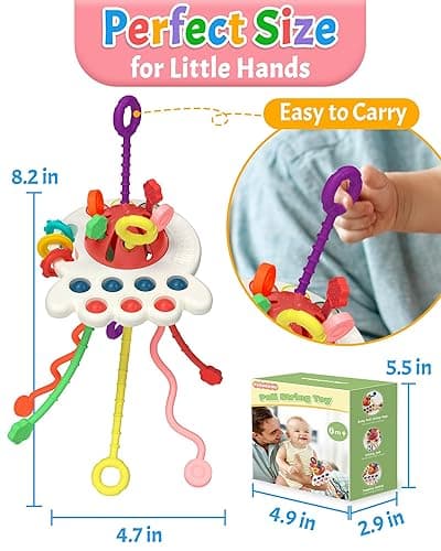 Yetonamr Baby Sensory Montessori Toys for 6-12-18 Months, Pull String Silicone Teething Toy, Toddler Birthday Gift Travel Toy for 1 2 Year Old Boy Girl Infant 8 9 10 Months Old - Red thumbnail 2