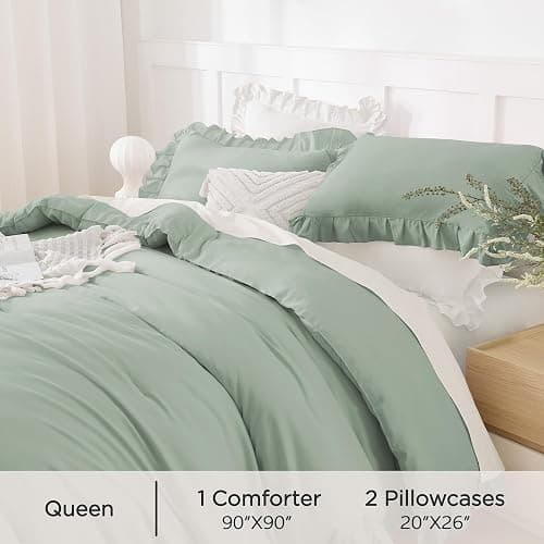 Andency Green Queen Comforter Set, 3 Pieces Farmhouse Shabby Chic Bedding | Bed Set for Queen Bed, All Season Soft Lightweight Polyester Bed Set for Men Women thumbnail 5