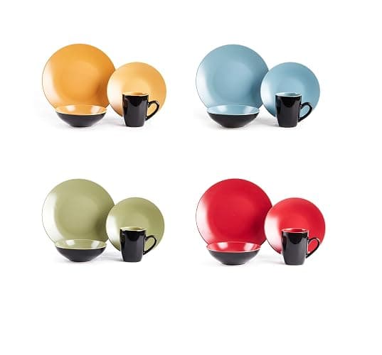 HomeVss Stoneware Two-Tone Colors Life 16pc Dinnerware Set，Outside Shinny Black + Inside Matte Finished Very Funny - 4 Assorted Colors Turquoise, Olive, Curry and Red thumbnail 3