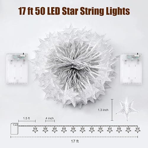 Minetom Star String Lights Battery Operated - 2 Pack 17 ft 50 LED Star Fairy String Lights with Timer, Waterproof for Indoor Bedroom Tent Loft Bed Patio Party Wedding Decor, Warm White thumbnail 7