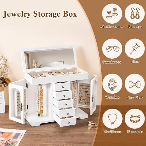 Miratino Jewelry Box for Women Girls, Wooden Jewelry Organizer Box with Mirror, 5 Layer Jewelry Storage Case Display for Necklaces Earrings Rings Bracelets Valentine's Day Gifts thumbnail 4