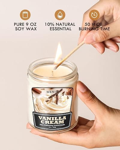 AOOVOO Vanilla Cream Odor Eliminating Candle - 9 oz Non Toxic Highly Fragranced Air Freshing Soy Candle, Eliminates 95% of Smoke, Pet, Food, and Other Smells Quickly, Up to 50 Hours Burn time thumbnail 3