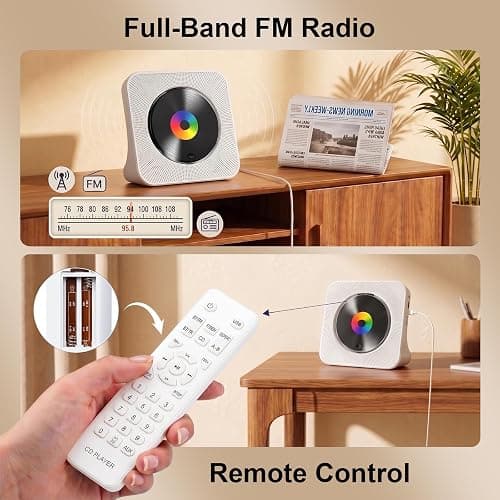 Gueray CD Player Portable Bluetooth Desktop CD Player for Home with Timer Built-in HiFi Speakers with LCD Screen Display Boombox FM Radio USB Type-c (White) thumbnail 6