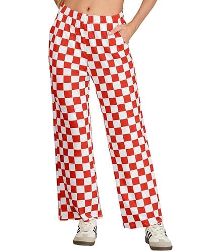IWOLLENCE Women's Casual Loose Checkered Wide Leg Pants High Waist Straight Lounge Y2K Gingham Trousers thumbnail 2