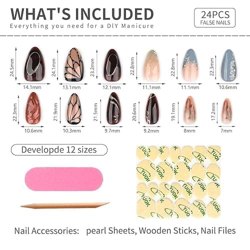 Mivota Luxury Smoky Blue Amber Press On Nails Medium Almond Gold Metal Butterfly Brown Marble Fake Nails Set Vintage Elegant 3D Gold Bead Reusable Nails for Women Korean Chic Daily Wear Nail Tips thumbnail 6