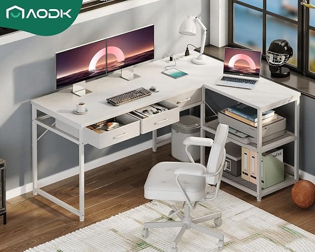 AODK 53 Inch L Shaped Computer Desk with Drawers, Corner Desk with Power Outlets & Reversible Storage Shelves, for Home Office Gaming, White thumbnail 3