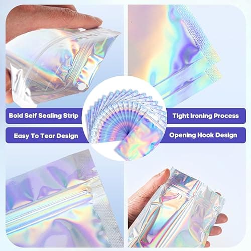 100Pcs Holographic Packaging Bags, 3x4 inch Resealable Foil Pouch Mylar Sample Bag Great for Small Business and Party Favor Food Storage…… thumbnail 5