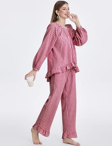 COZYPOIN Womens Plaid 2 Piece Pajamas Sets Cotton Gingham Puff Long Sleeve Babydoll Shirt Ruffle Pants Y2K Pjs Lounge Set thumbnail 3