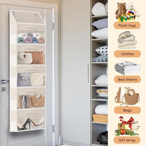 Ofiray-home Hanging Yarn Storage Organizer with 5 Drawers, Over the Door Large Capacity Knitting Organizer Storage&10 Mesh Side Pockets, Hanging Yarn Holder for Knitting Needles, Crochet Hooks- Beige thumbnail 5