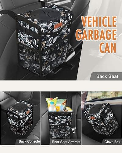 Pritent Car Trash Can with Lid, Cute Leakproof Car Trash Garbage Bag Hanging Vehicle Trash Bin Small Portable Automotive Garbage Cans Organizer for Back/Front Seat(Trapezoid,Black with Lily Print) thumbnail 6