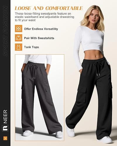 Neer 3 Pack Women's Cargo Sweatpants Wide Leg Baggy Loose Elastic Drawstring Pants Casual Athletic Joggers with 4 Pockets thumbnail 4