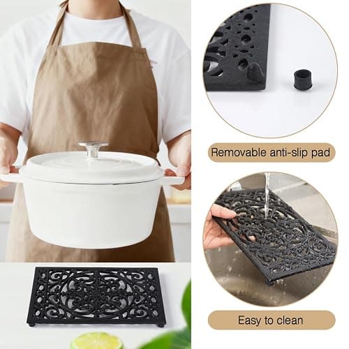 Notakia 9.6 x 6.3 Inch Cast Iron Trivet Set, Large Metal Trivets for Hot Dishes Pots Pans Decorative Kitchen Trivets, Heat-Resistant Trivet Mats for Quartz Countertops, Table Cooktop (Black, 2 Pack) thumbnail 8